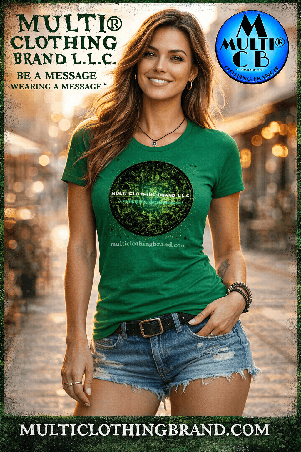 Trademark Brand - Ladies T-Shirt 100% combed ring-spun cotton jersey in green with circular forest-themed logo, styled with denim shorts. Soft vintage fit ideal for casual wear.