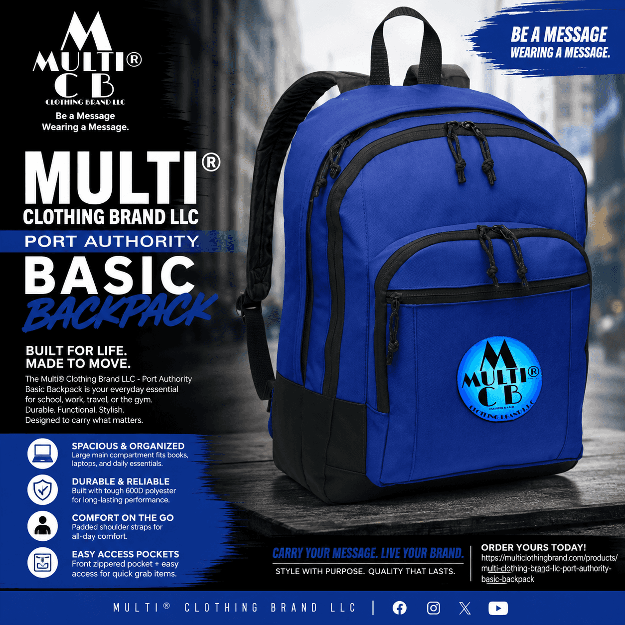 Bright blue Port Authority Basic Backpack with multiple zippered compartments, padded shoulder straps, and a logo patch, ideal for school or travel.