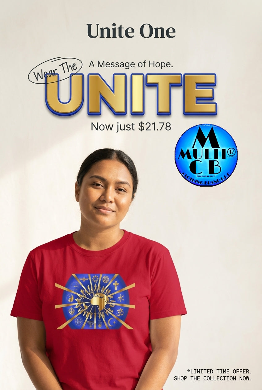 Unite One - Ladies Boyfriend T-Shirt in red featuring a gold and blue symbolic print, made from 100% combed ring-spun cotton for softness and comfort.