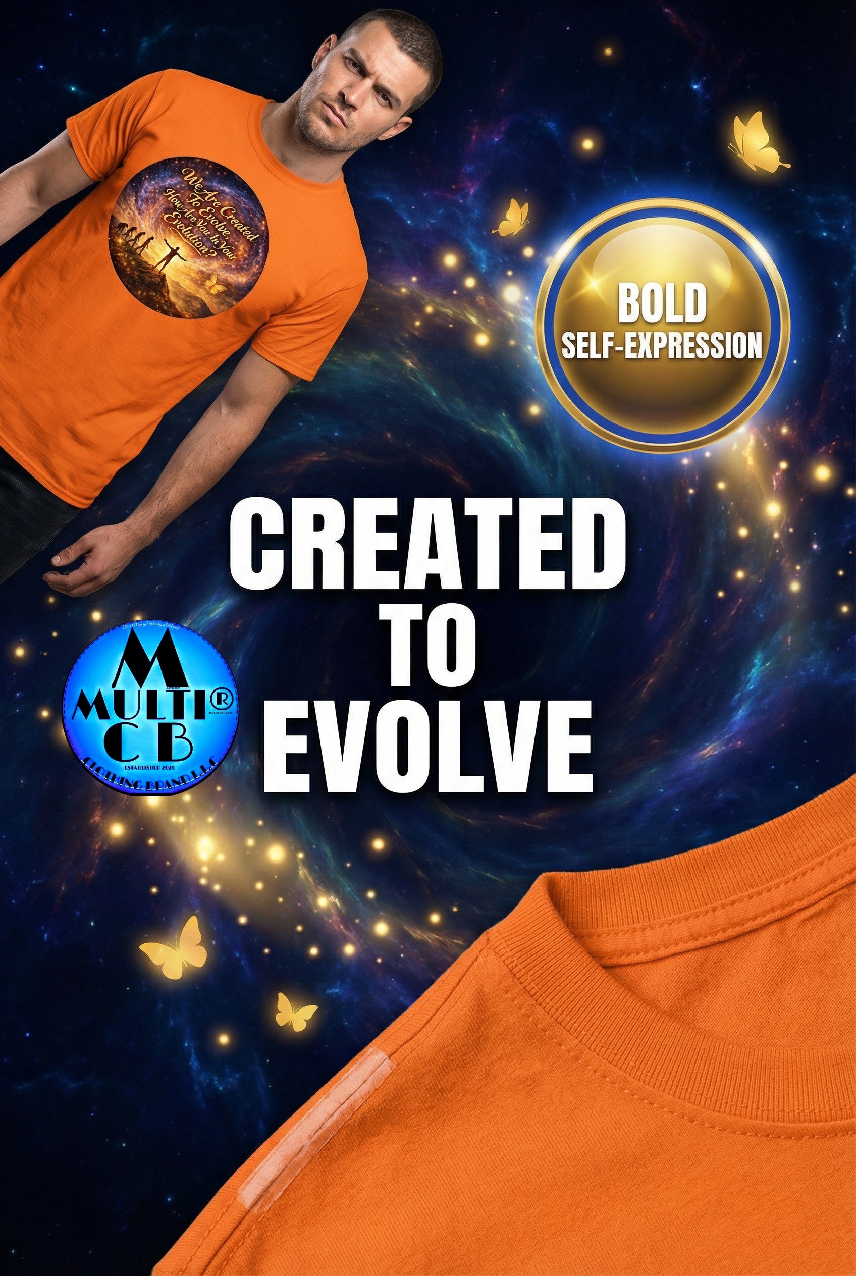 Created To Evolve - Gildan 5.3 oz T-Shirt in orange with cosmic tree design, showcasing bold self-expression and heavyweight cotton comfort.
