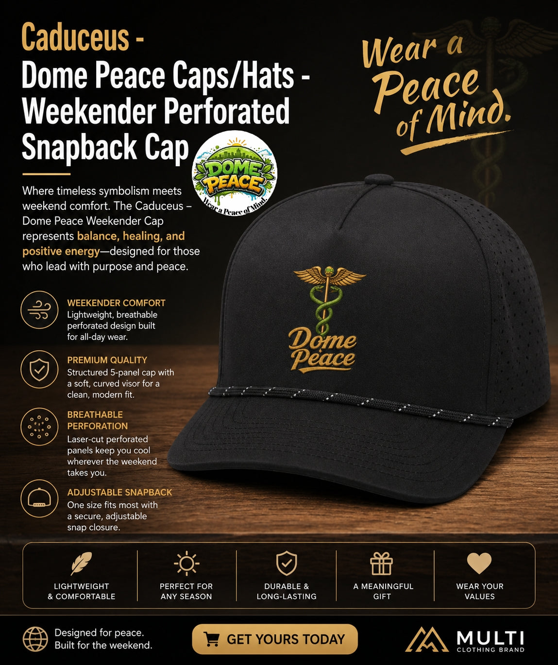 Caduceus Dome Peace perforated snapback cap with embroidered logo