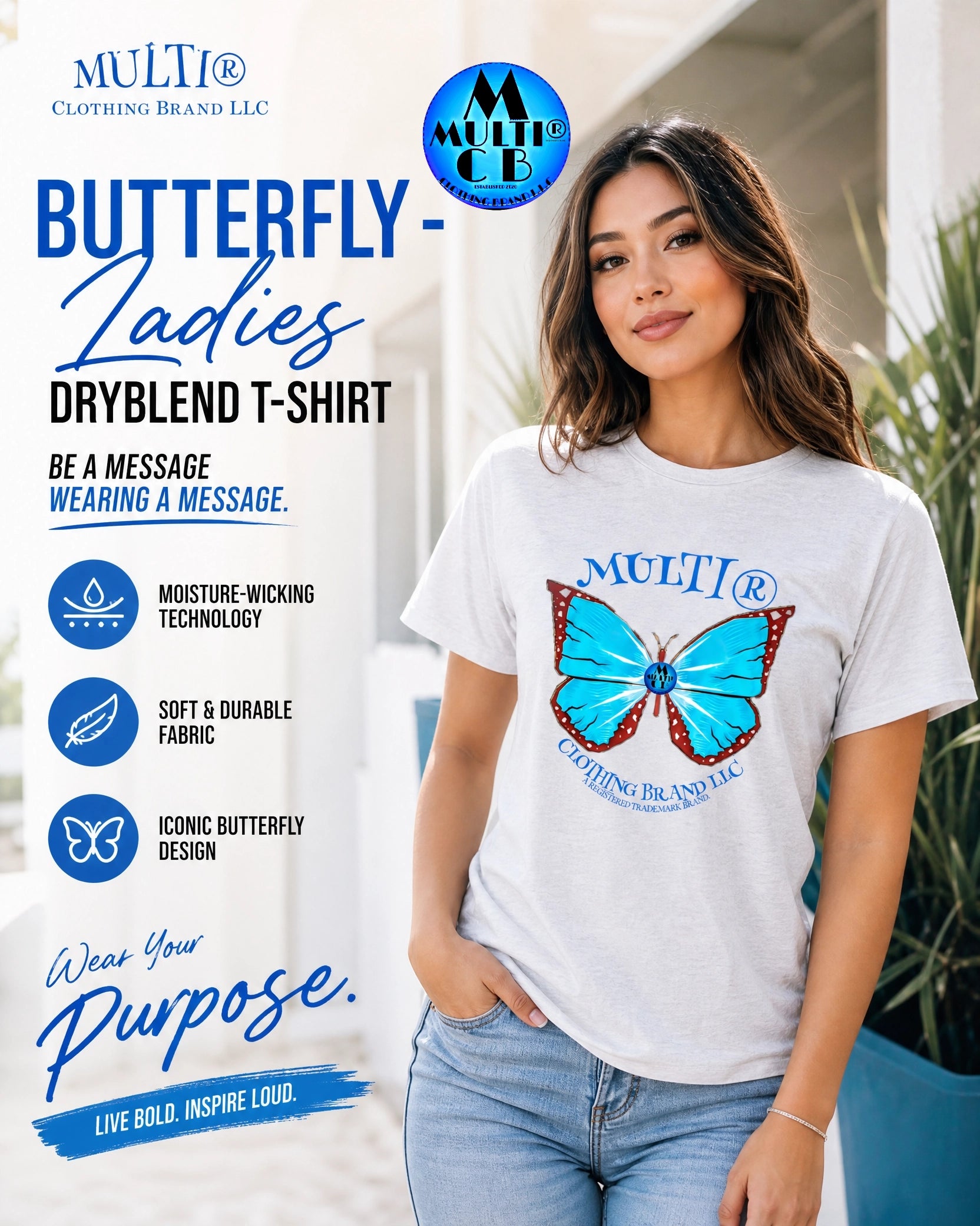 Multi Butterfly Ladies T-Shirt with Butterfly Graphic, Moisture-Wicking, Soft Fabric
