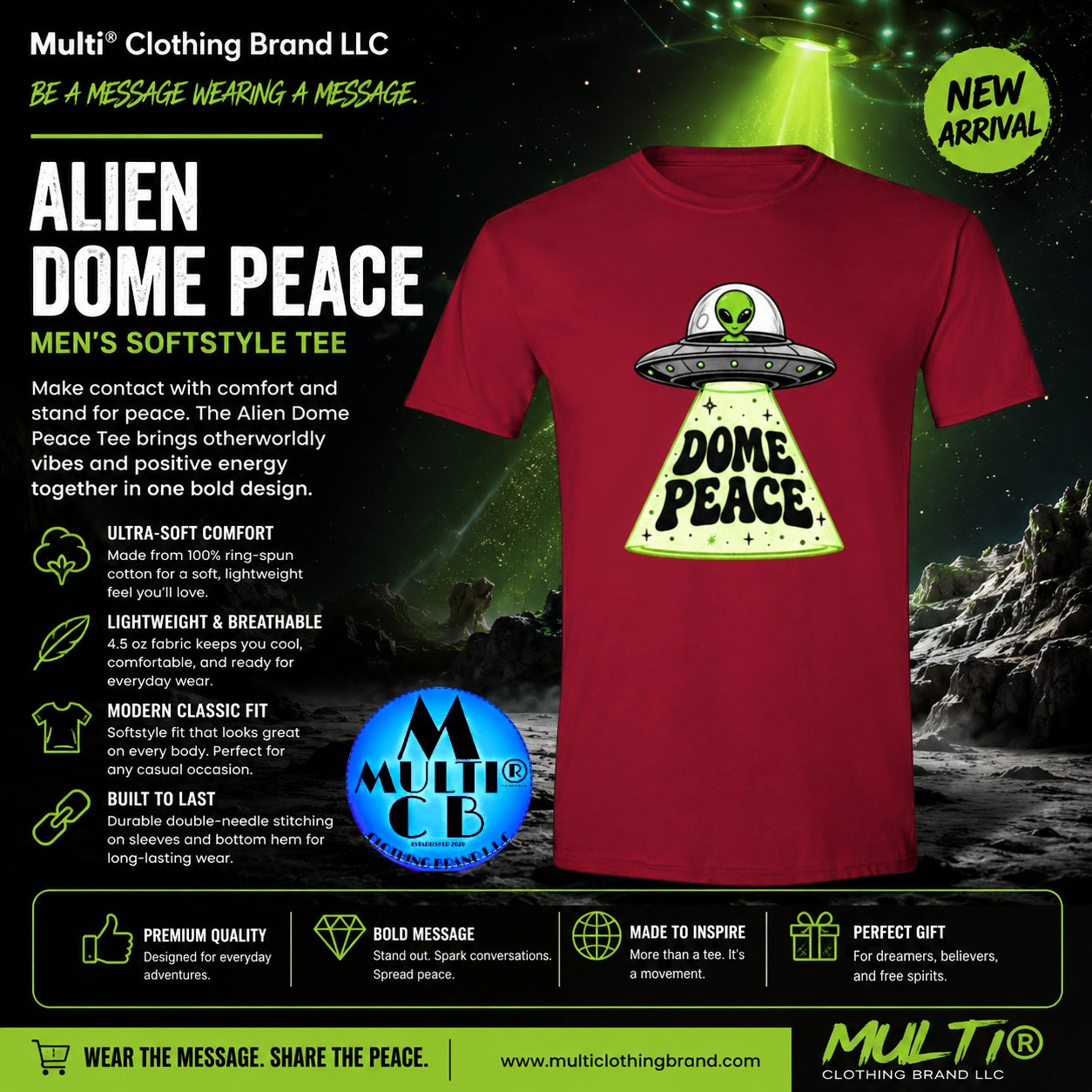 Red men's softstyle T-shirt featuring a green alien UFO with 'DOME PEACE' graphic, made from lightweight, breathable cotton for comfort.