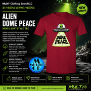 Red men's softstyle T-shirt featuring a green alien UFO with 'DOME PEACE' graphic, made from lightweight, breathable cotton for comfort.