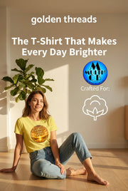 Everything Is Always Golden - women's fitted t-shirt in yellow with uplifting print, worn casually with jeans in a sunlit room. Premium 100% cotton fabric.