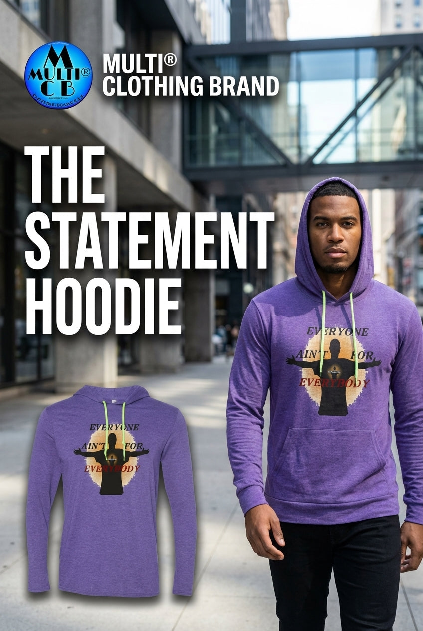 Everyone - Men's Hoodie T-Shirt in purple with relaxed unlined hood and circular drawcord, featuring bold printed message by Multi Clothing Brand.