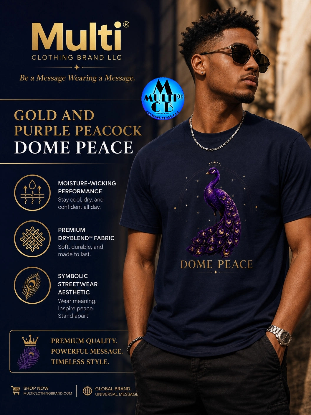 Men's navy T-shirt with purple peacock and 'Dome Peace' text, urban streetwear style