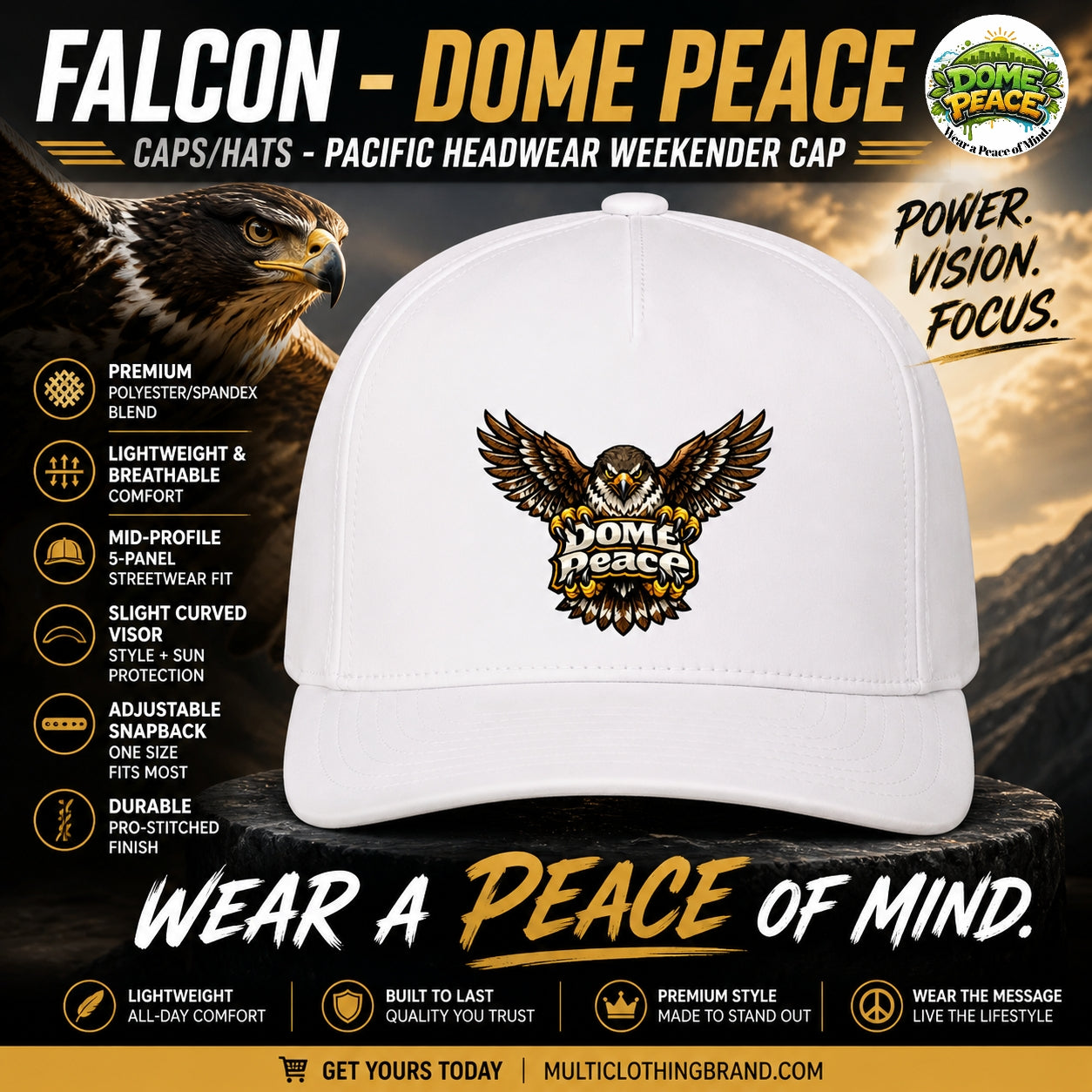 Falcon Dome Peace Cap logo on white hat