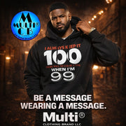 Gildan Pullover Hoodie - Keep It 100 design in bold white and red text, worn by male model in urban night setting. Features pouch pocket and unisex fit.