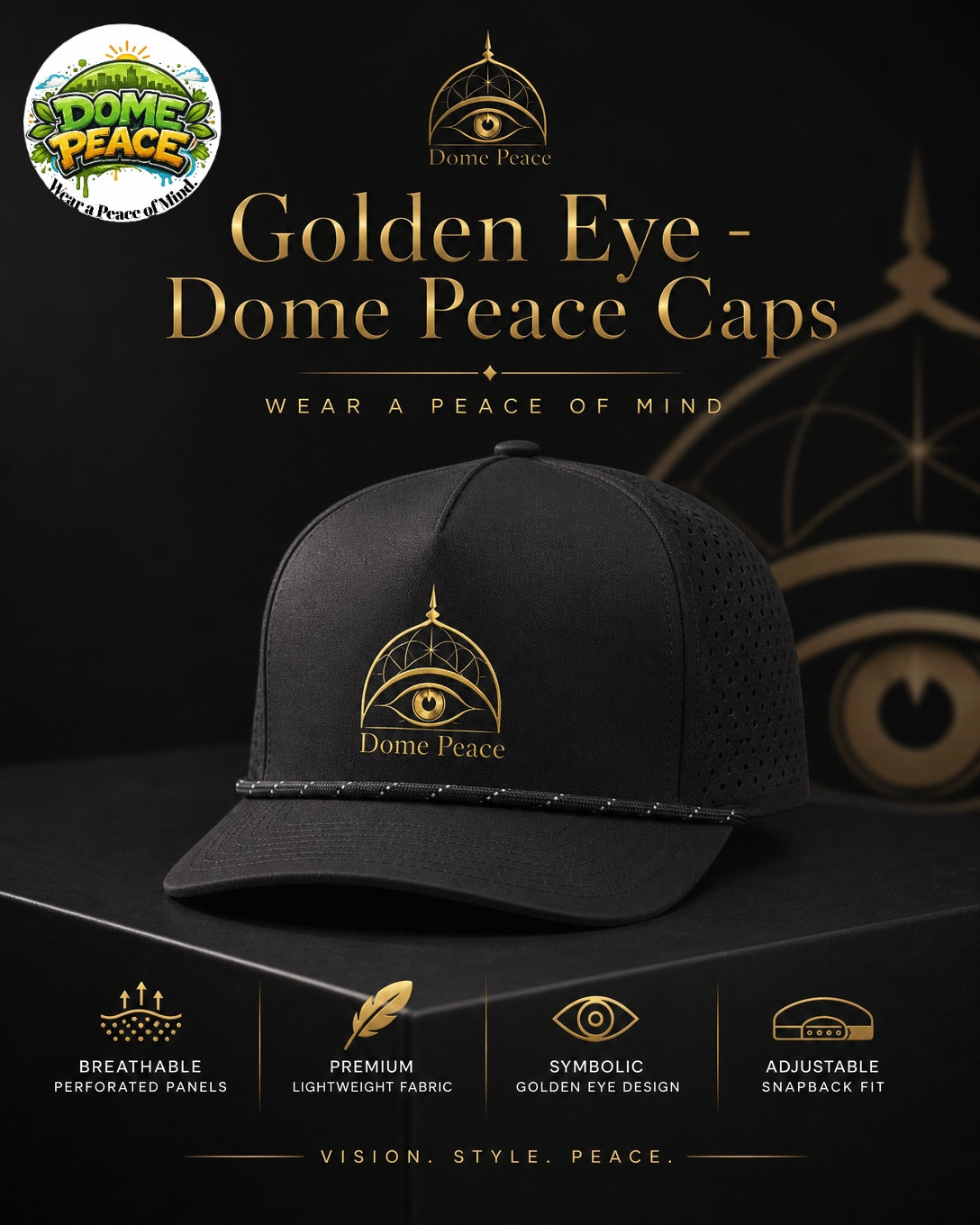 Black Dome Peace Cap with golden eye logo and perforated panels