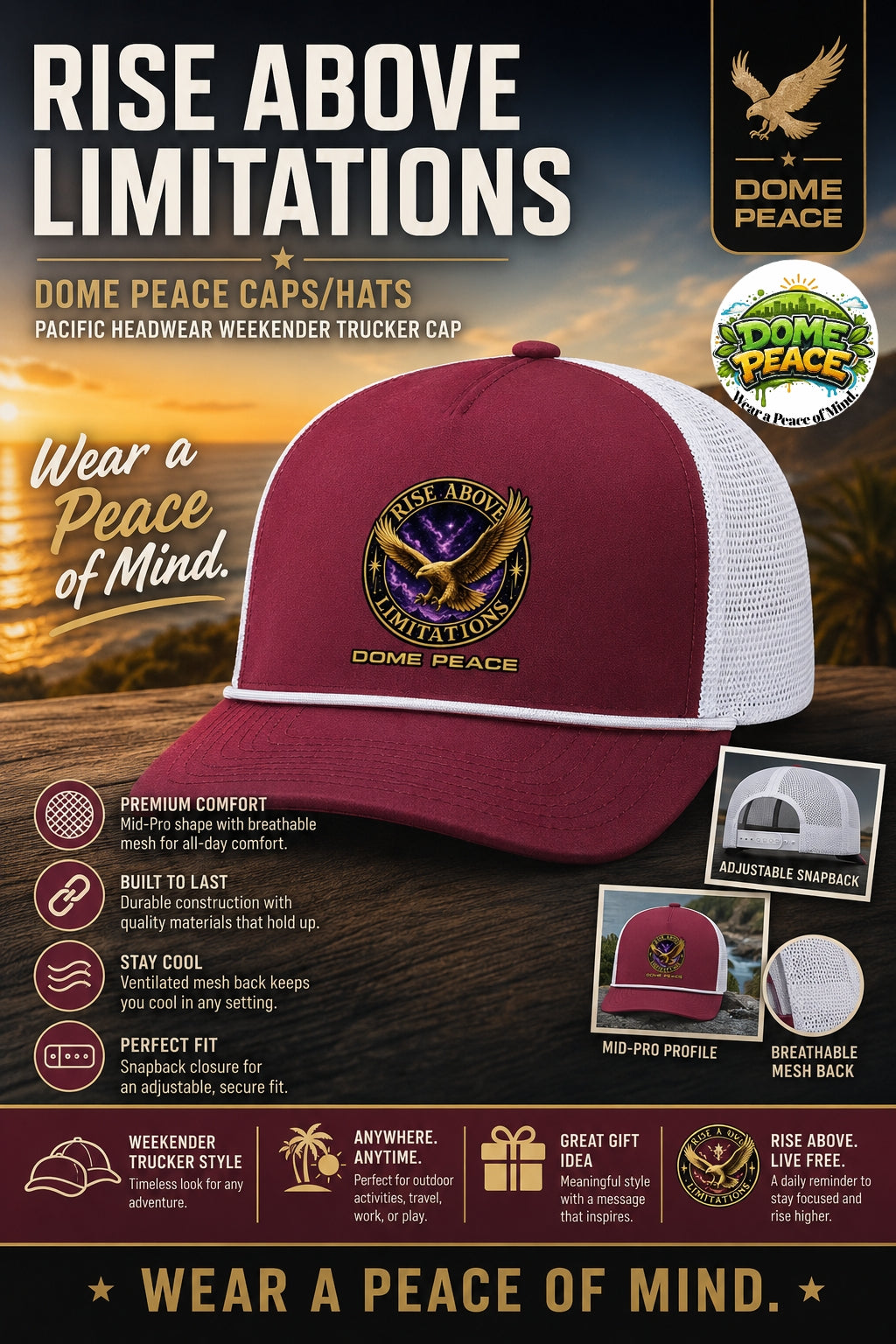 Trucker hat with Dome Peace logo, breathable mesh back, adjustable snapback, maroon and white color, apparel accessory