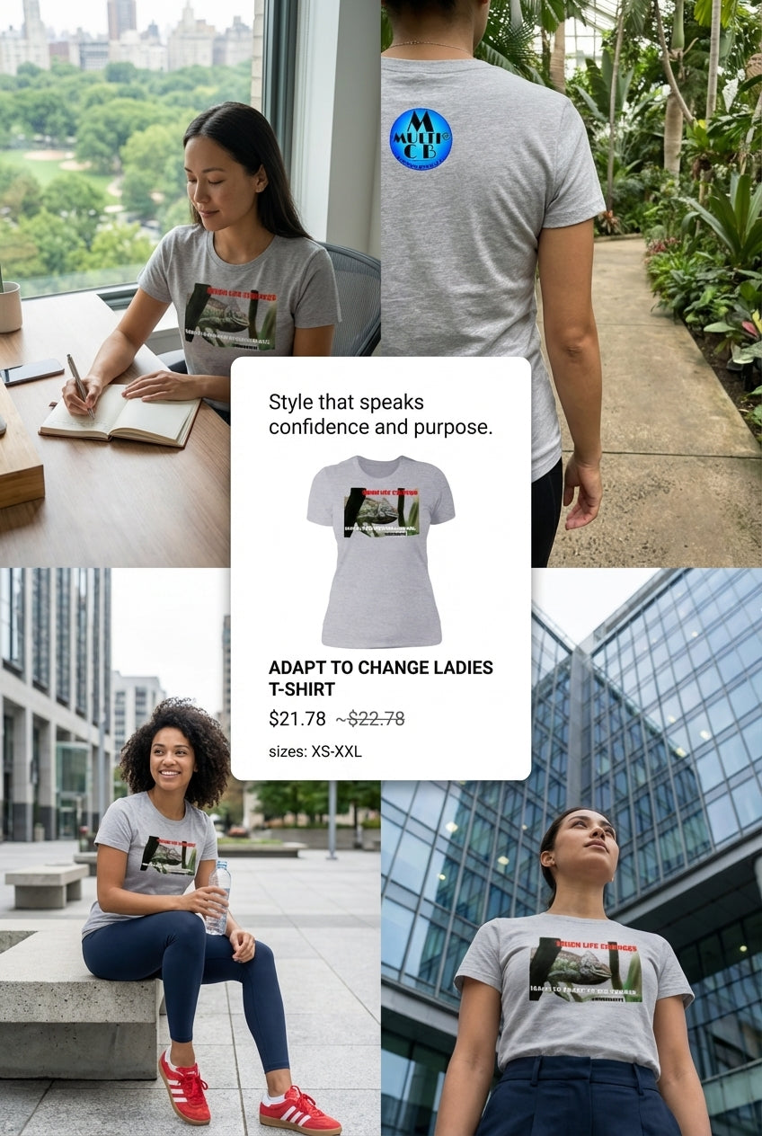 Adapt To Change Ladies T-Shirt in light gray featuring a bold graphic print and motivational text, styled for casual wear in urban and natural settings.