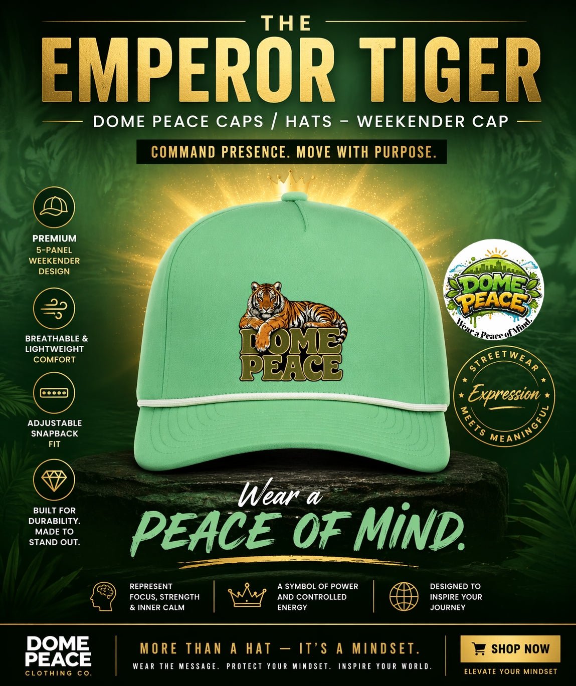 The Emperor Tiger Dome Cap - 5-panel snapback hats | Durable, flexible design