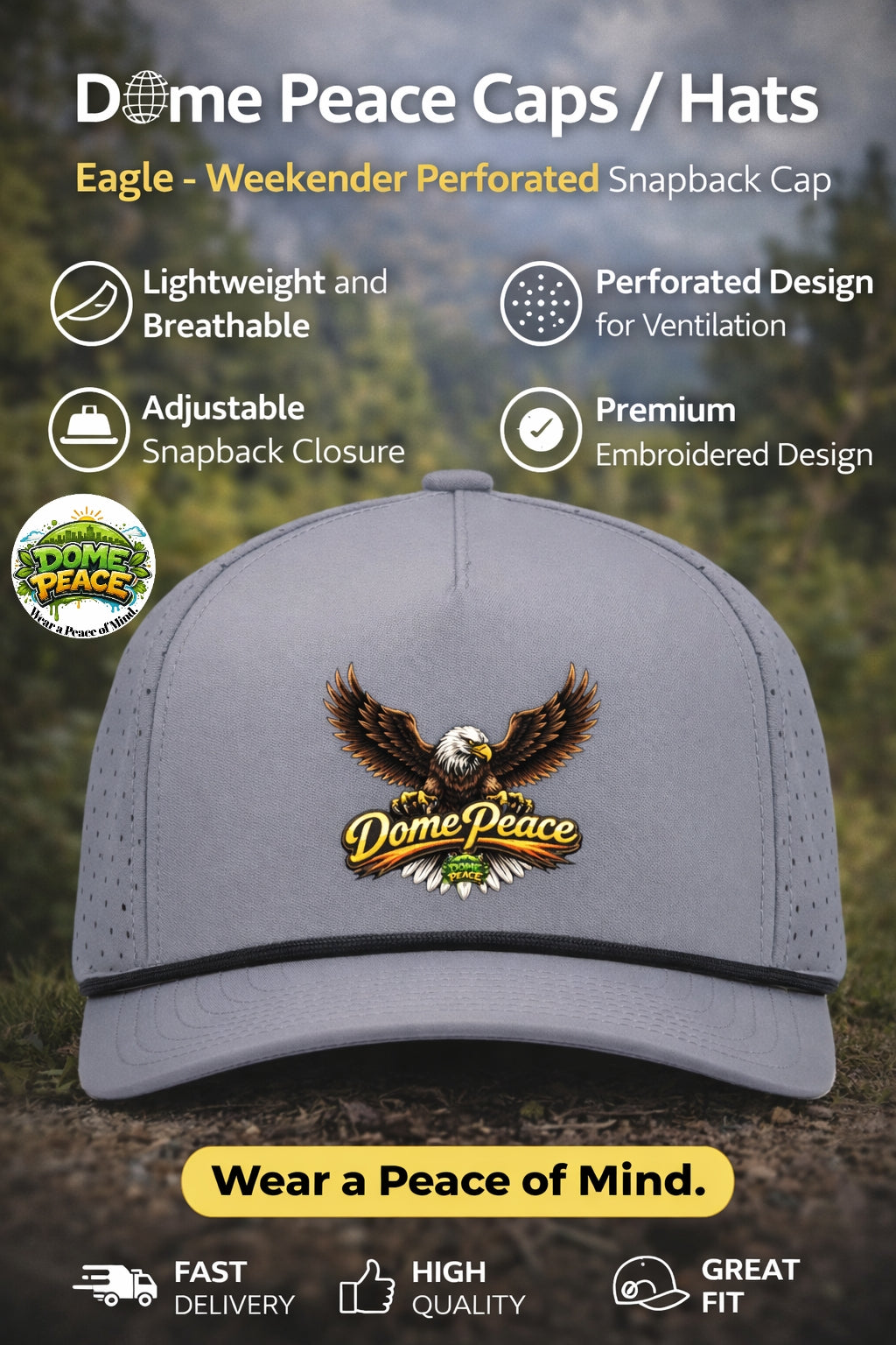 Dome Peace Caps - Eagle - 5-Panel Perforated Snapback Cap