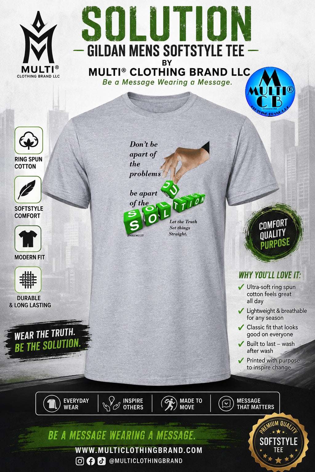 Light gray Gildan men's softstyle tee with a graphic design featuring green letter blocks spelling 'SOLUTION' and motivational text