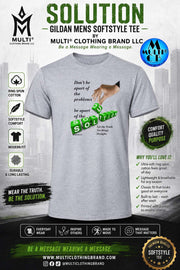 Light gray Gildan men's softstyle tee with a graphic design featuring green letter blocks spelling 'SOLUTION' and motivational text