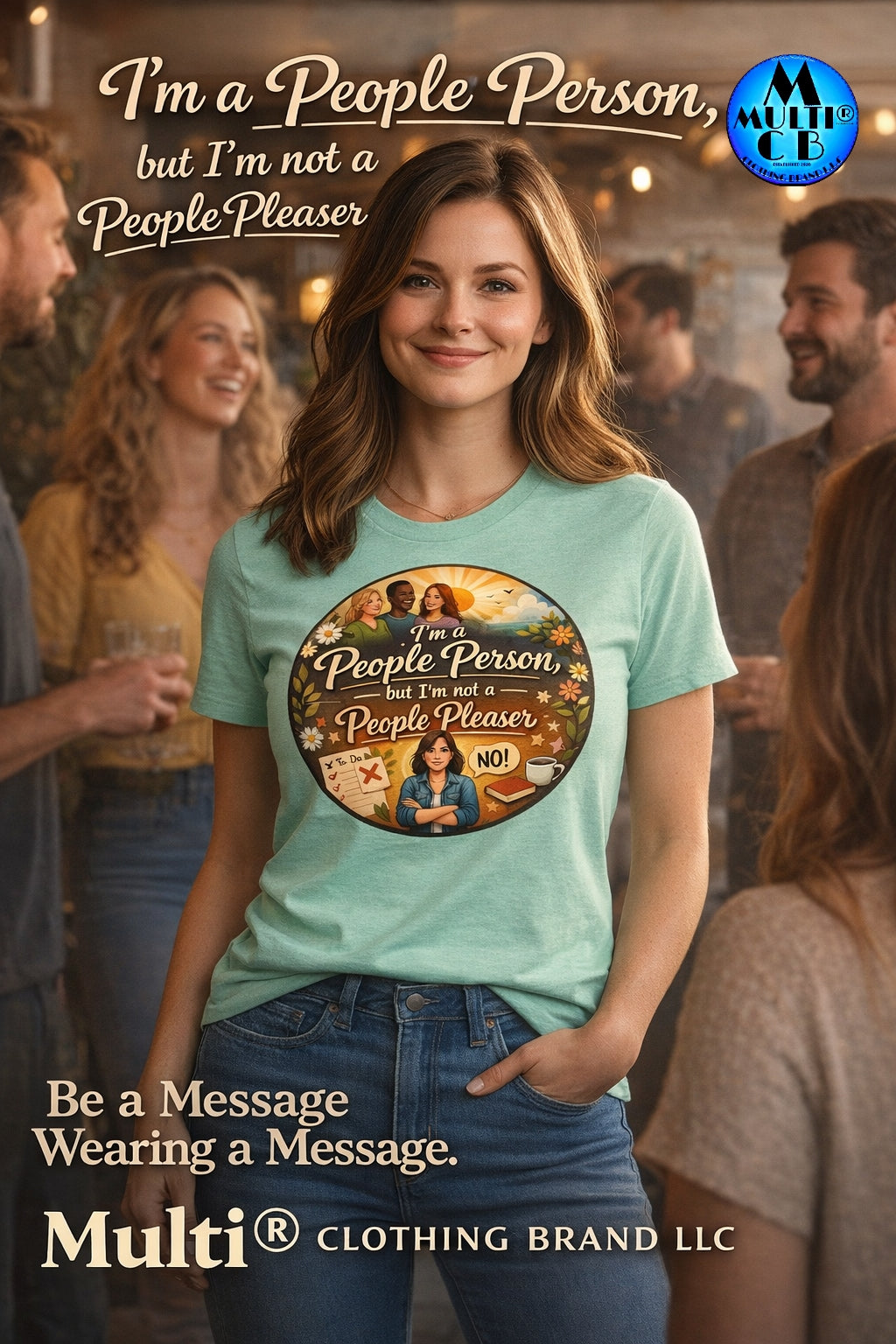 People Person - Ladies Canvas Jersey T-Shirt in mint green with bold graphic text 'I'm a People Person, but I'm not a People Pleaser'. Features unisex sizing and pre-shrunk 100% Airlume cotton for a comfortable fit.