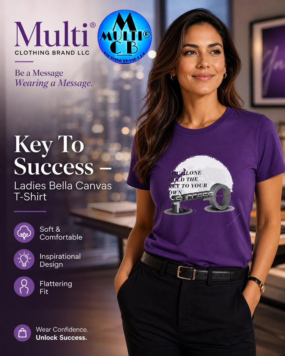 Purple ladies' T-shirt with motivational success graphic